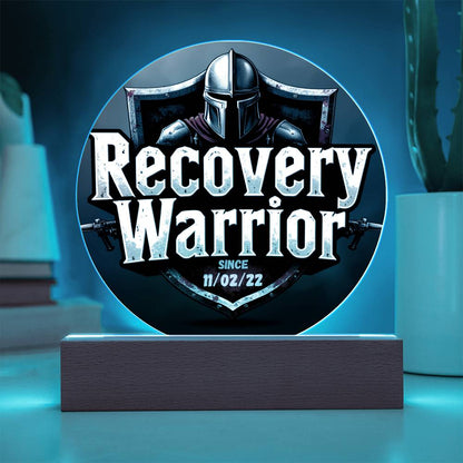 LED circle plaque with knight helmet emblem, “Recovery Warrior,” and glowing LED edge