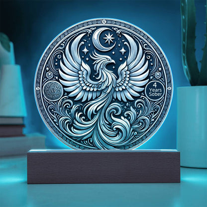 LED sobriety plaque with teal glow, silver phoenix design, and “4 Years Sober” badge on wood base.