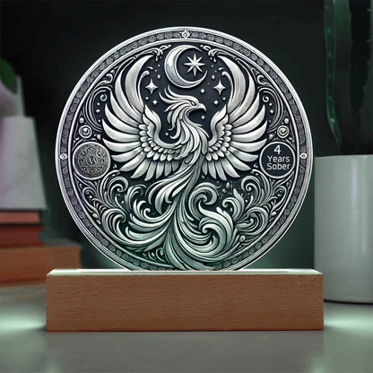LED sobriety plaque with silver phoenix design and “4 Years Sober” badge on wood base.