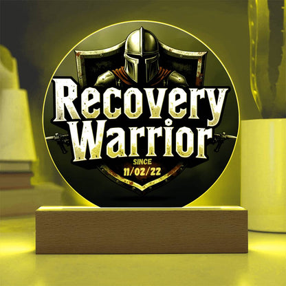 LED circle plaque with knight helmet graphic, “Recovery Warrior,” and illuminated ring