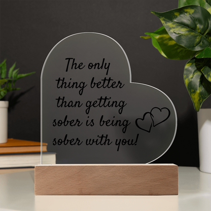 LED heart acrylic plaque with quote and heart icon on wood base, soft white glow