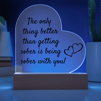 LED heart acrylic plaque with quote and heart icon, blue glow on wood base