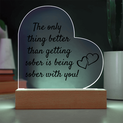 LED heart acrylic plaque with quote and heart icon, cool white glow on wood base