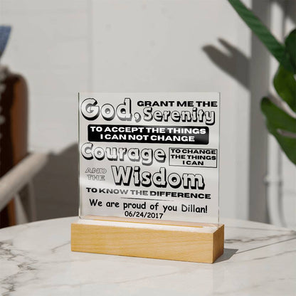 LED Serenity prayer plaque on light wood base, clear panel with printed quote text