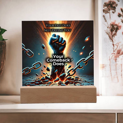 LED plaque with glowing border, fist and chains design on wood base