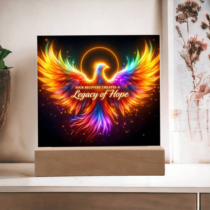 LED light-up plaque: rainbow angel wings, 'Legacy of Hope' on black, wooden base