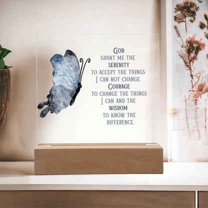 Wooden base serenity prayer display with clear panel, blue butterfly, and prayer quote