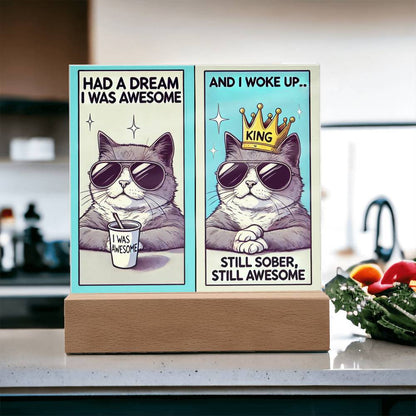 Two-panel LED tabletop sign with crowned sunglasses cat design on wooden base