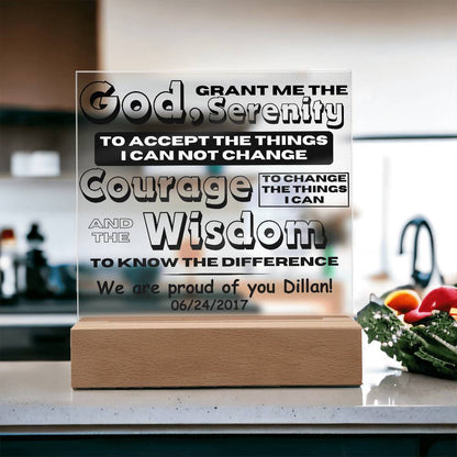 LED Serenity prayer plaque on wood base, clear panel with printed quote text