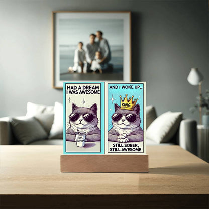 Wooden base night light with two cat-themed motivation card prints, crown and sunglasses