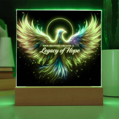 LED light-up plaque: glowing angel wings with 'Legacy of Hope' on black, wooden base