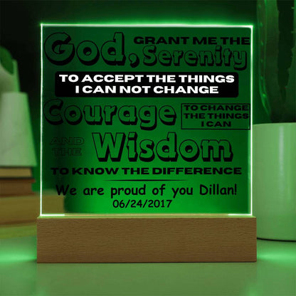 LED Serenity prayer plaque with wood base, green LED border and printed quote