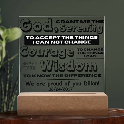 Serenity prayer plaque with wood base, clear panel and printed quote text