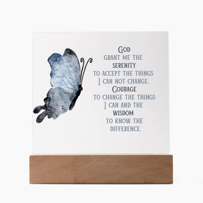Wooden base serenity prayer display with clear panel, blue butterfly, and prayer message