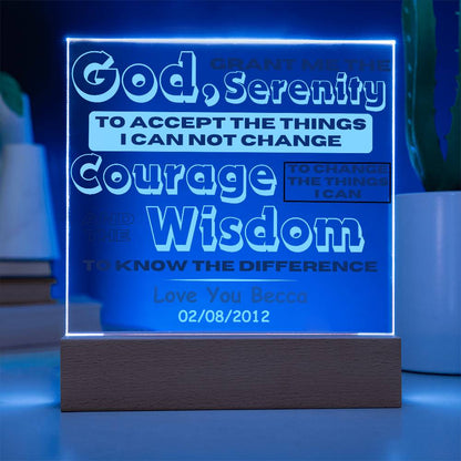 Custom Sobriety Date and Message with Serenity Prayer on LED Acrylic Plaque