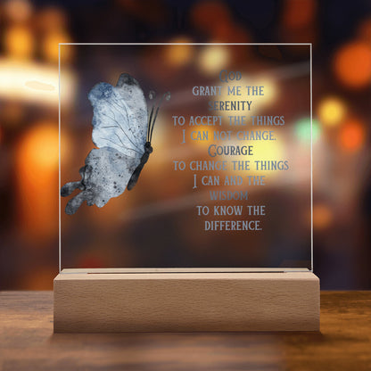 Wooden base serenity prayer display with clear panel, blue butterfly, and glowing prayer text