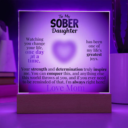 Light-up acrylic plaque with wooden base, purple glow border and heart message