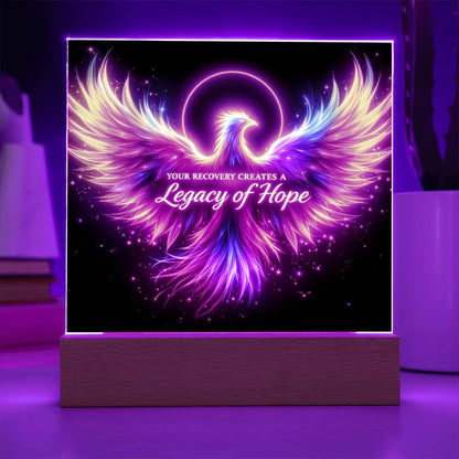 LED light-up plaque: purple angel wings with 'Legacy of Hope' on black, wooden base