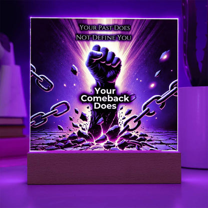 LED plaque with purple glow border, fist and chains graphic on wood base