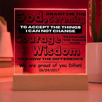 LED Serenity prayer plaque with wood base, red LED border and quote text