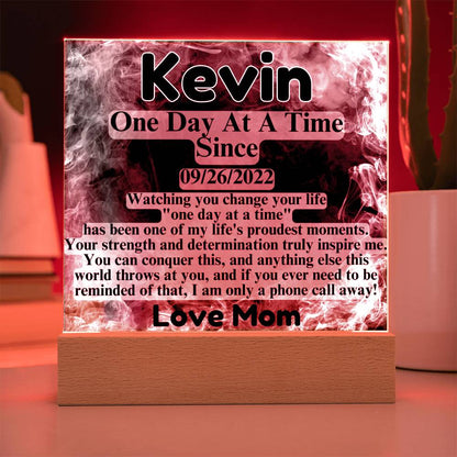 Custom LED sobriety date plaque on wood base, red-lit, Kevin and Love Mom
