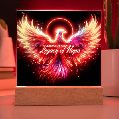 LED light-up plaque: red angel wings with 'Legacy of Hope' on black, wooden base