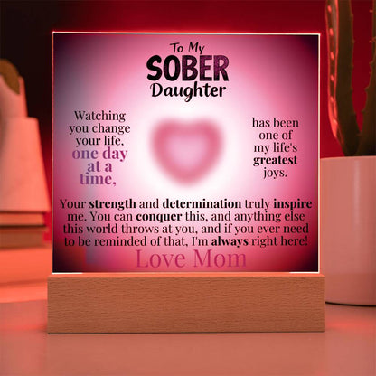 Light-up acrylic plaque with wooden base, red glow border and heart message