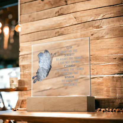 Wooden base serenity prayer display with clear panel, blue butterfly, and serenity prayer words