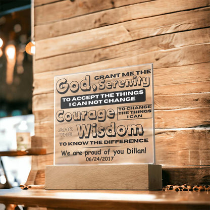 LED Serenity prayer plaque on wood base, clear panel with printed quote text