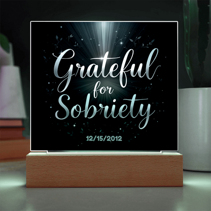 Front view of LED acrylic sobriety sign with glowing border and 'Grateful for Sobriety'