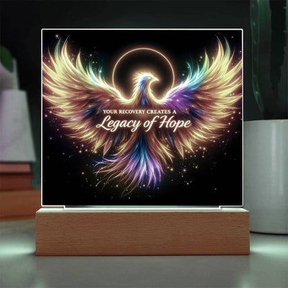LED light-up plaque: multicolor angel wings with 'Legacy of Hope' on black, wooden base
