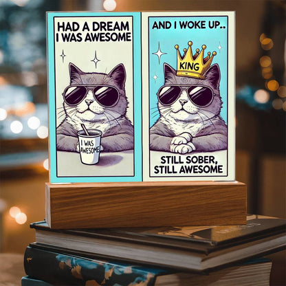 Wooden photo-frame night light with two illuminated cat cards, crown and sunglasses