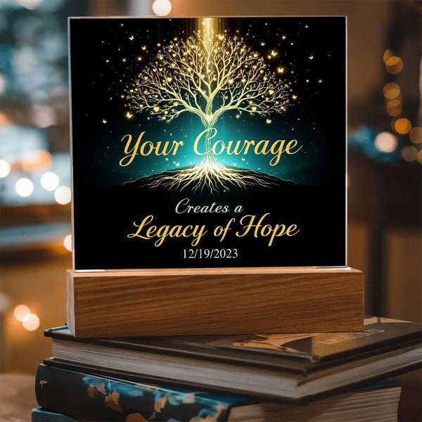 Custom LED sobriety plaque with illuminated tree artwork and gold text on black panel