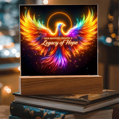 LED light-up plaque on wooden base: rainbow angel wings with 'Legacy of Hope' on black