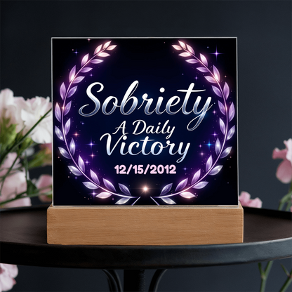 Square LED plaque on wood base with purple laurel wreath text “Sobriety A Daily Victory”.