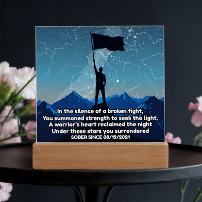 Acrylic LED star map night light with lone flag-bearer silhouette, mountains, and constellations