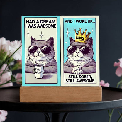 Two-panel LED tabletop sign with sunglasses-wearing crowned cat, on wooden base