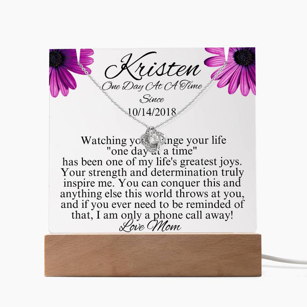 Personalized LED sobriety gift with wooden base, heart pendant necklace, unlit, Kristen