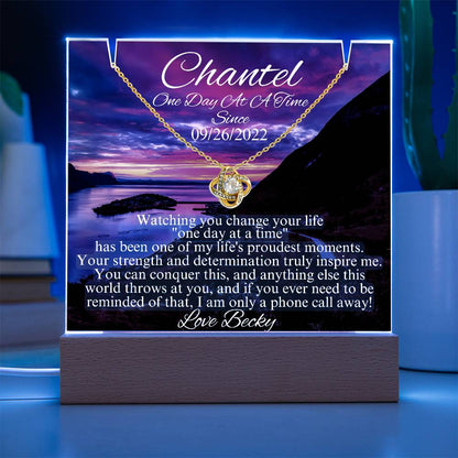 LED sobriety gift with glowing box and gold necklace pendant, one day at a time quote