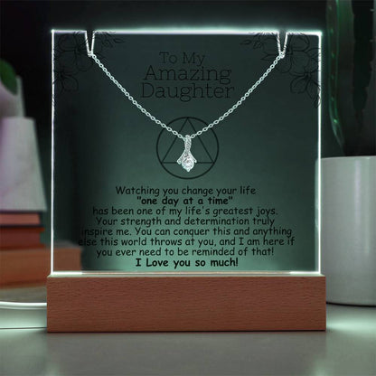 LED acrylic plaque with necklace, white glowing border, heart pendant, dark wooden base