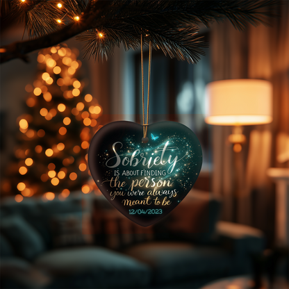 High-gloss dark heart ornament with gold cord and Sobriety message with date 12/04/2023