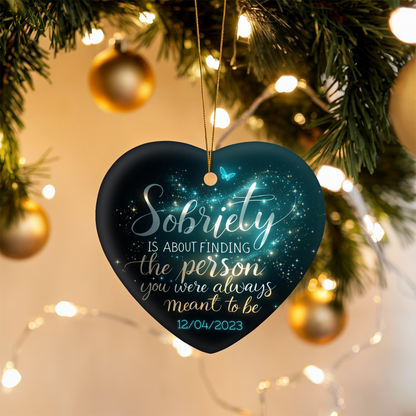 High-gloss dark heart ornament with gold cord and blue butterfly with Sobriety message