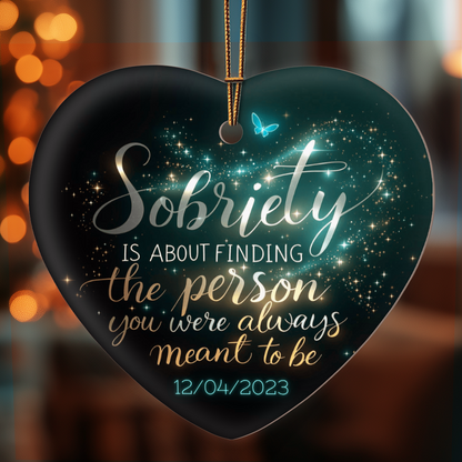 High-gloss dark heart ornament with gold cord, blue butterfly, and Sobriety text