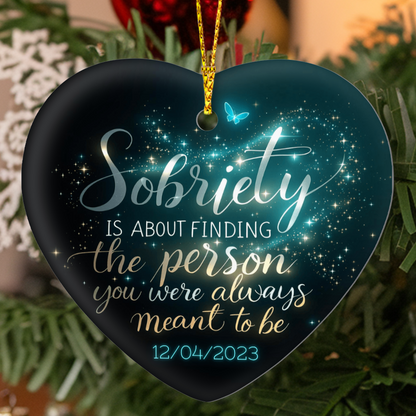High-gloss dark heart ornament with gold hanging cord, blue butterfly, and Sobriety message