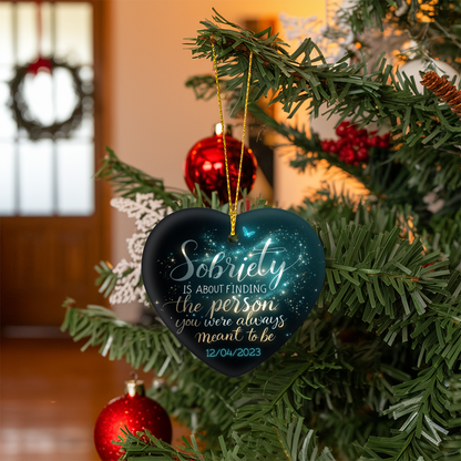 High-gloss dark heart ornament with gold hanging cord and Sobriety text with date 12/04/2023