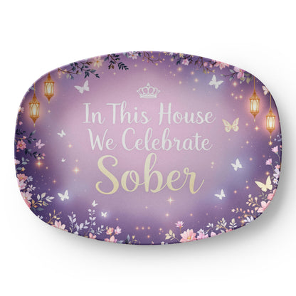 Purple oval gift tray with 'In This House We Celebrate Sober' and butterfly print