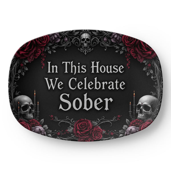 Oval serving platter with gothic quote, skulls, and red roses on dark base