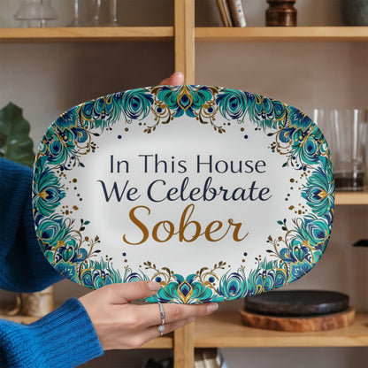 Oval serving platter in hand with teal and gold peacock border and “In This House We Celebrate Sober”