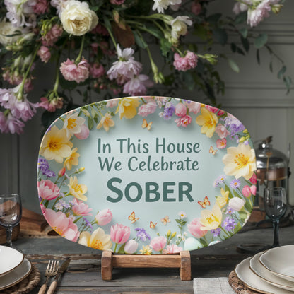 Serving platter on wooden stand with floral border and teal text: “In This House We Celebrate SOBER”