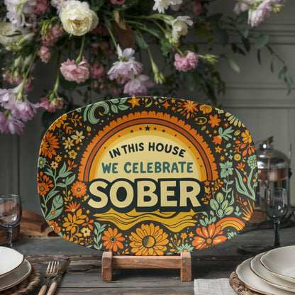 Decorative oval platter with “IN THIS HOUSE WE CELEBRATE SOBER” and floral design